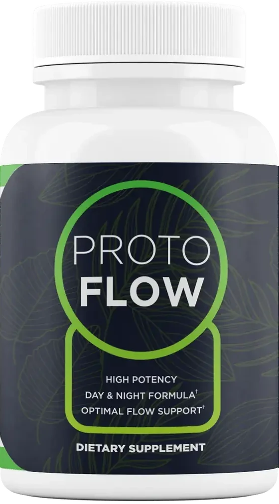 The white Protoflow bottle front: dark navy label, a green ring around the PROTO FLOW wordmark, HIGH POTENCY, DAY & NIGHT FORMULA, OPTIMAL FLOW SUPPORT, DIETARY SUPPLEMENT