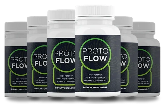 6 white Protoflow bottles with the dark navy label and green ring