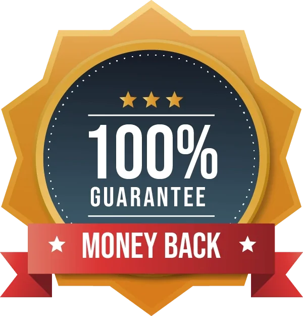 A gold 100% guarantee money back ribbon