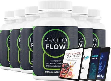 Six white Protoflow bottles beside tablets showing the digital bonus guides